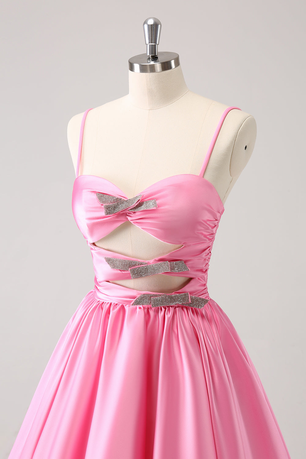 A Line Pink Homecoming Dresses Spaghetti Straps Tiered Short Cocktail Dresses with Bow