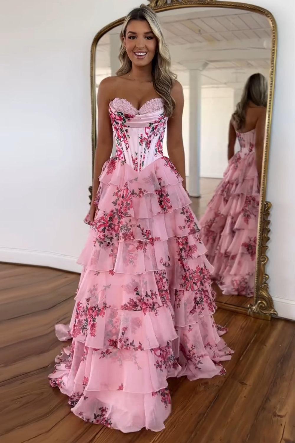 A Line Prom Dress Pink Sweetheart Corset Floral Tiered Long Formal Evening Dress