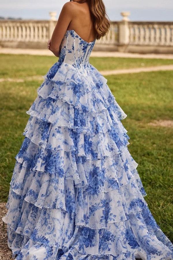 A Line Prom Dress Blue Sweetheart Corset Floral Tiered Long Formal Dress