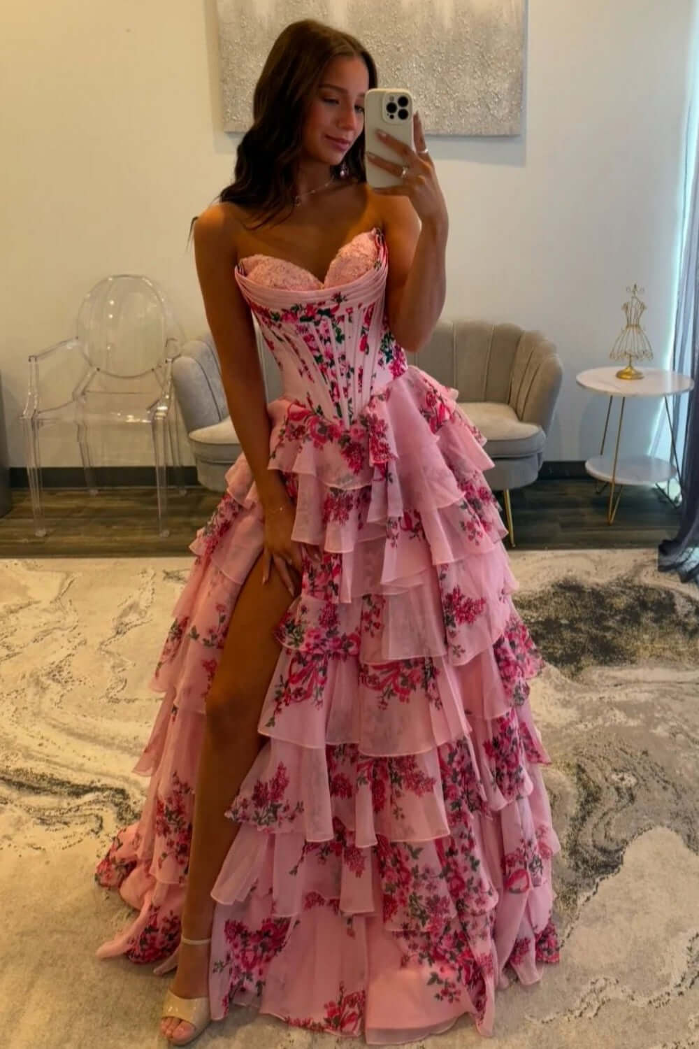 White Blue Prom Dress Flower Tiered Sweetheart Corset Long Formal Dress