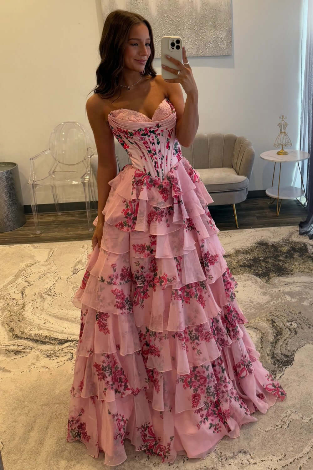White Blue Prom Dress Flower Tiered Sweetheart Corset Long Formal Dress