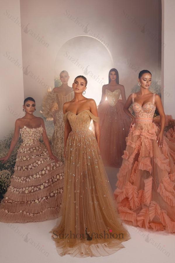A Line Prom Dress Off The Shoulder Tulle Beading Sleeveless Formal Dress