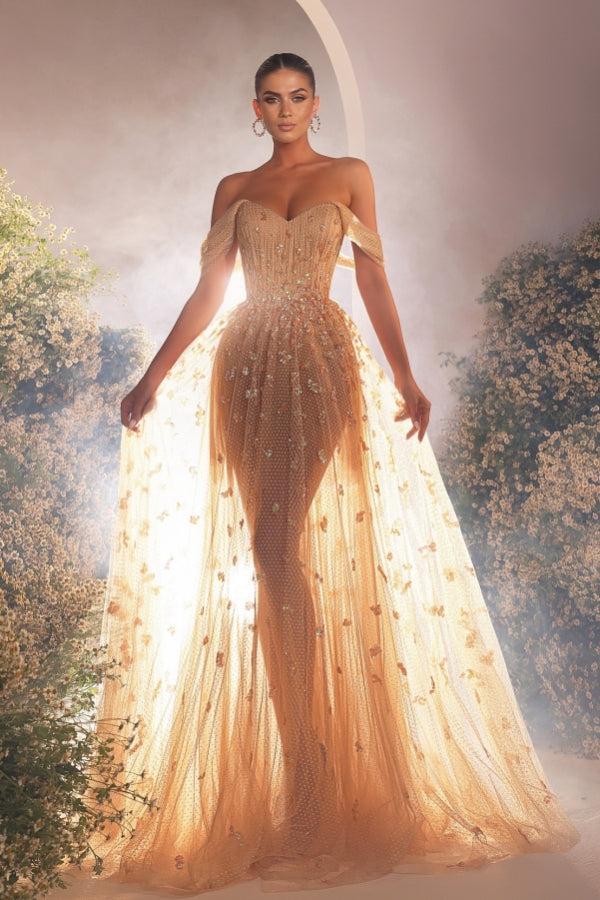 A Line Prom Dress Off The Shoulder Tulle Beading Sleeveless Formal Dress