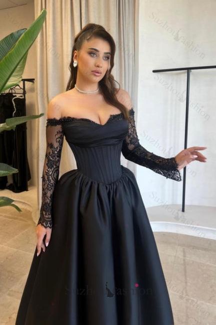 A Line Prom Dress Satin Long Sleeve Black Formal Dress With Appliques