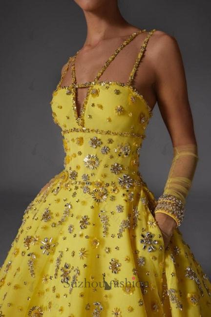 A Line Prom Dress Satin V Neck Sleeveless Yellow Formal Dress With Beading