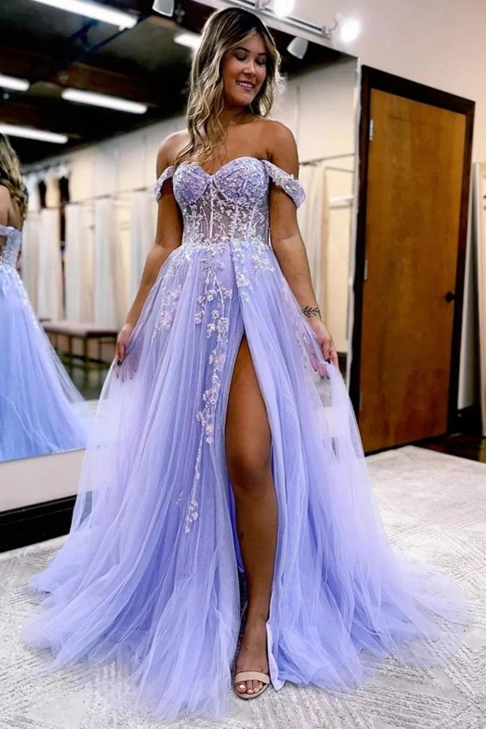 A-Line Prom Dress Sequind Corset Long Formal Dress With Slit