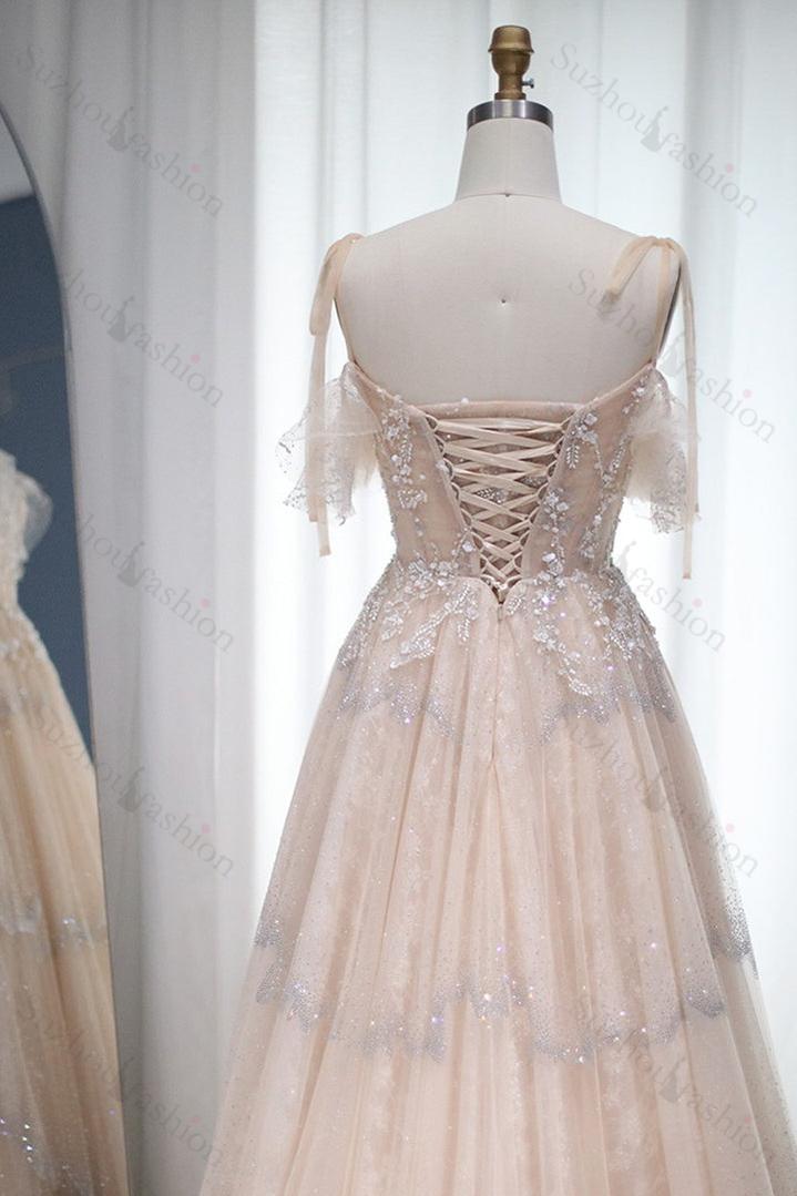 A Line Prom Dress Spaghetti Straps Evening Formal Dress Tulle With Diamond Appliques