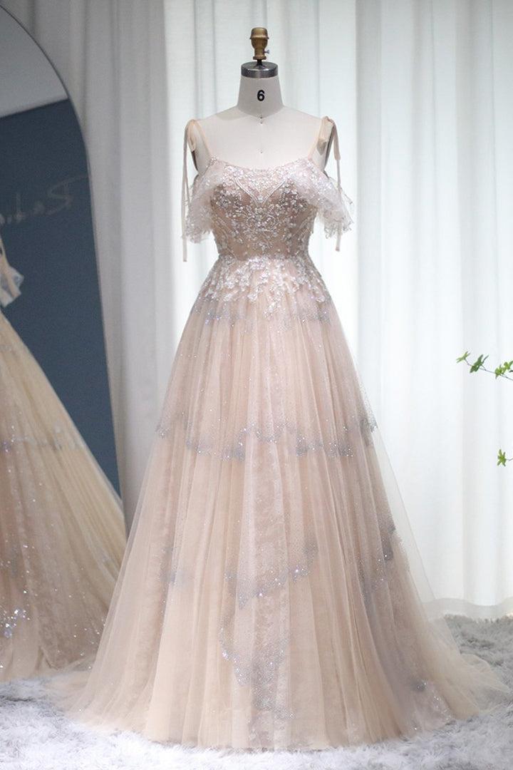 A Line Prom Dress Spaghetti Straps Evening Formal Dress Tulle With Diamond Appliques