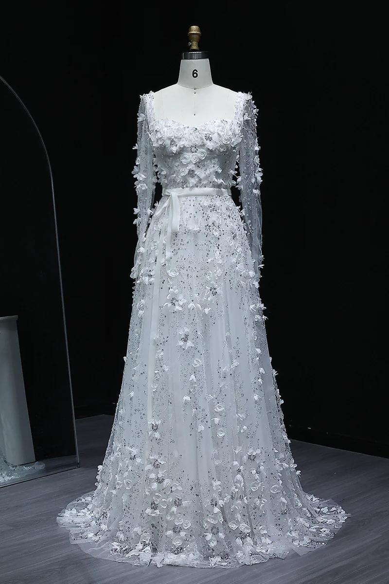 A Line Prom Dress Square Neck 3D Flowers Beaded Formal Dress With Sleeves