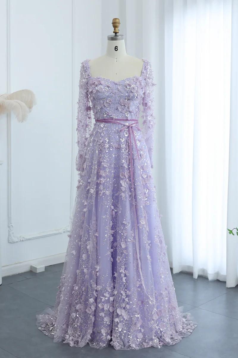 A Line Prom Dress Square Neck 3D Flowers Beaded Formal Dress With Sleeves