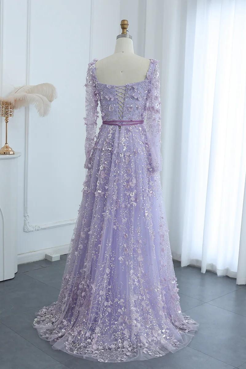 A Line Prom Dress Square Neck 3D Flowers Beaded Formal Dress With Sleeves
