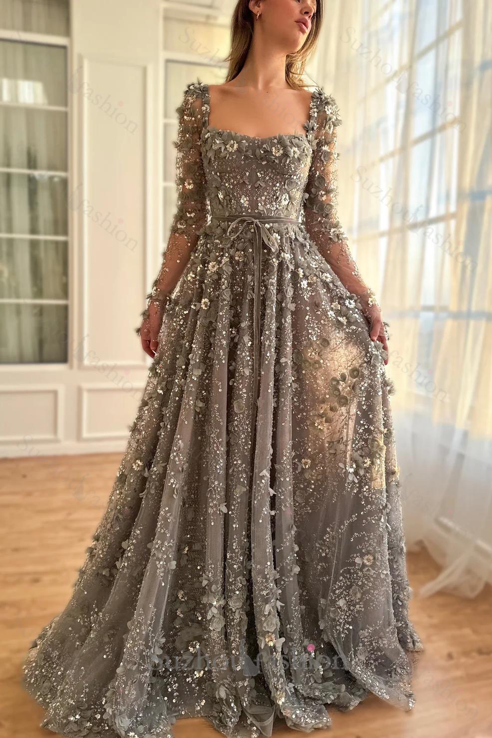 A Line Prom Dress Square Neck 3D Flowers Beaded Formal Dress With Sleeves