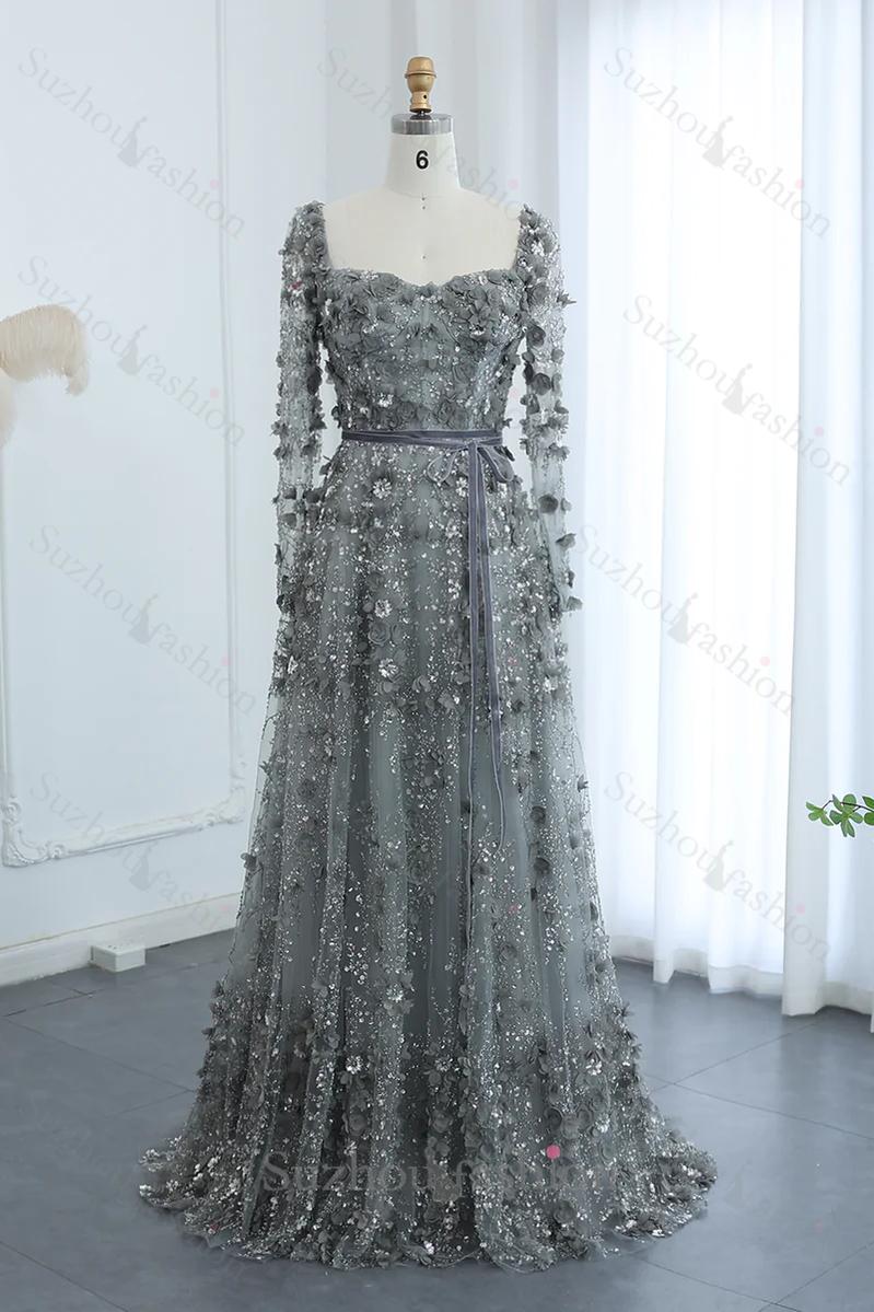 A Line Prom Dress Square Neck 3D Flowers Beaded Formal Dress With Sleeves