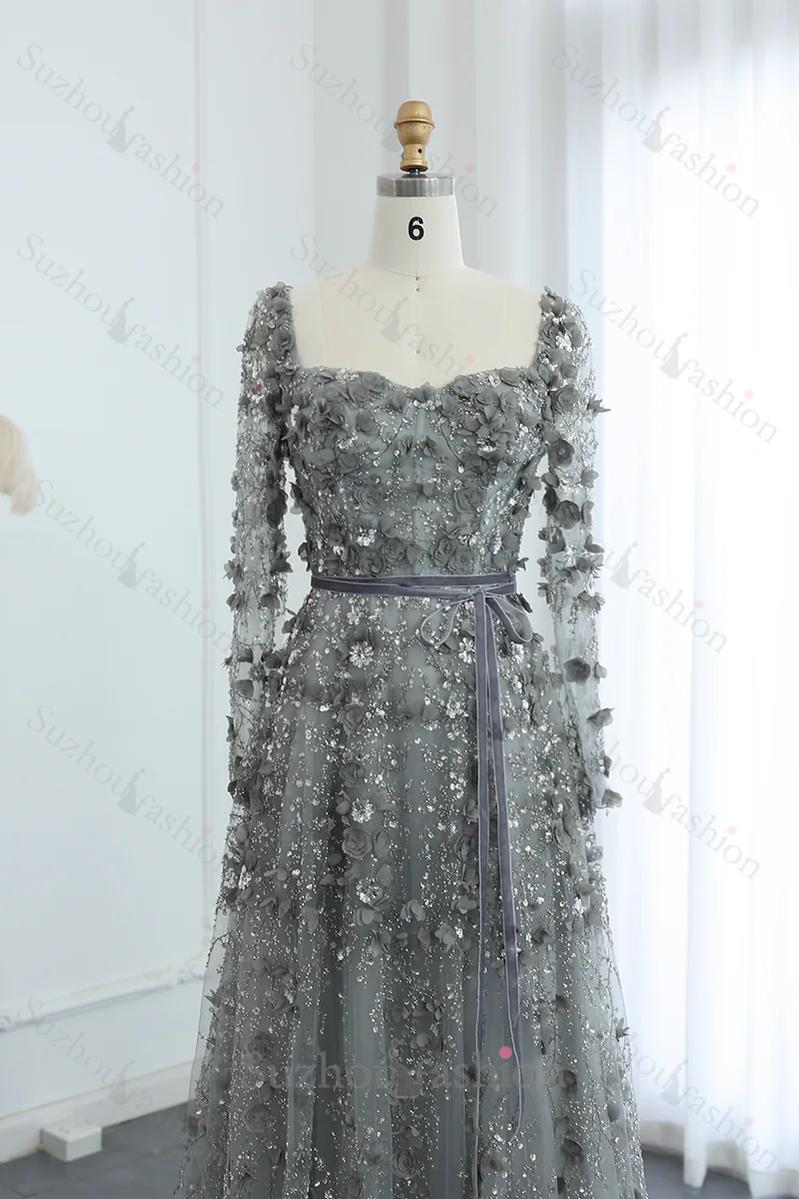 A Line Prom Dress Square Neck 3D Flowers Beaded Formal Dress With Sleeves