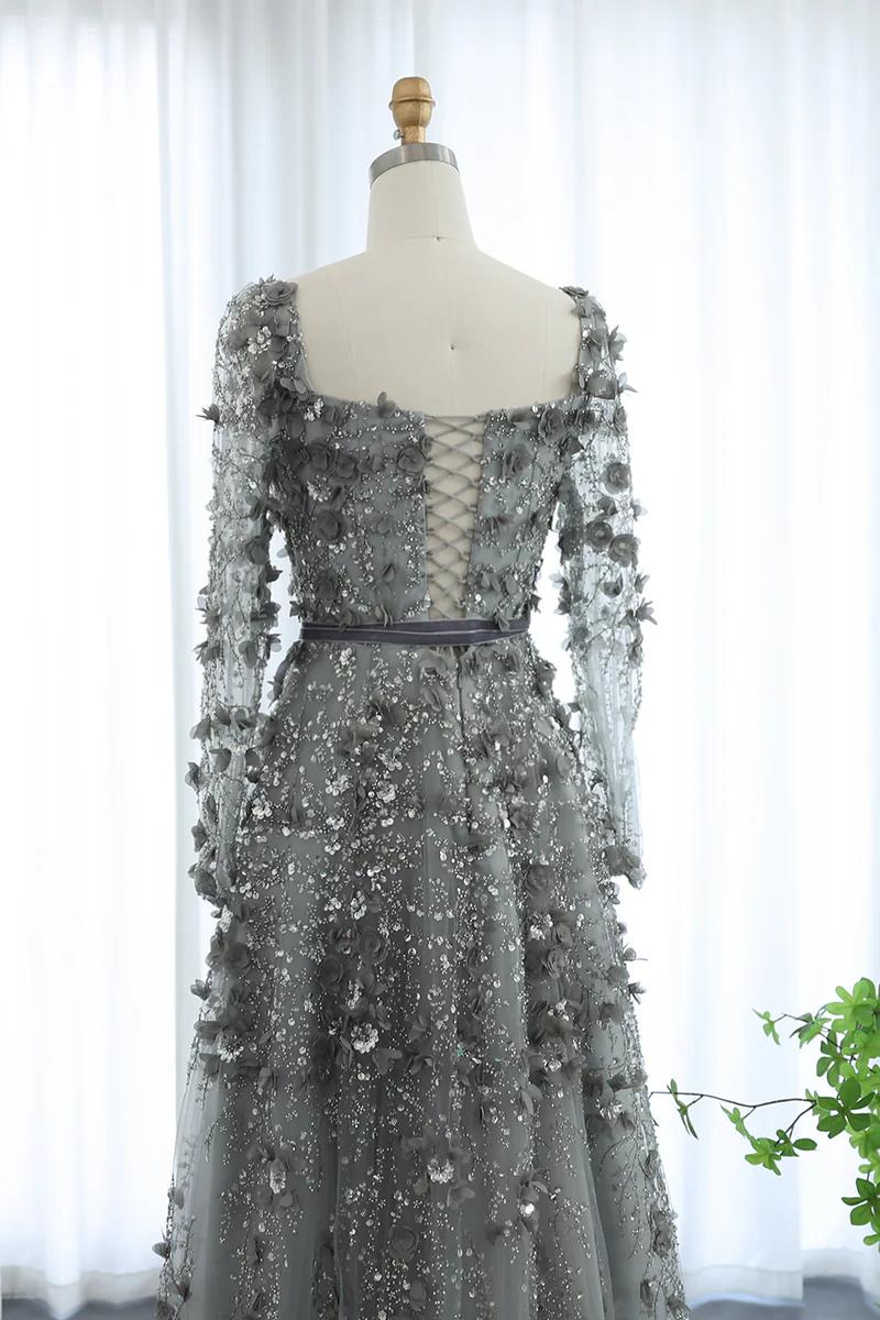 A Line Prom Dress Square Neck 3D Flowers Beaded Formal Dress With Sleeves