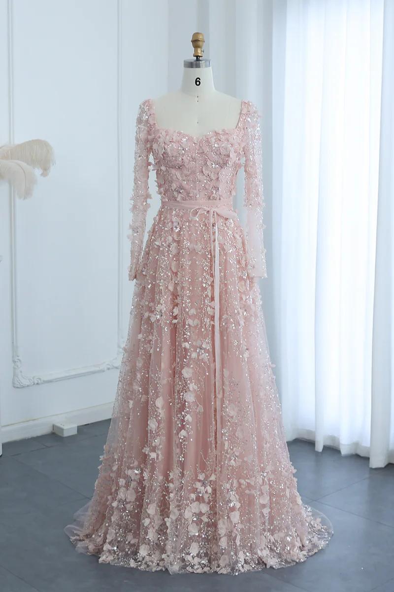 A Line Prom Dress Square Neck 3D Flowers Beaded Formal Dress With Sleeves