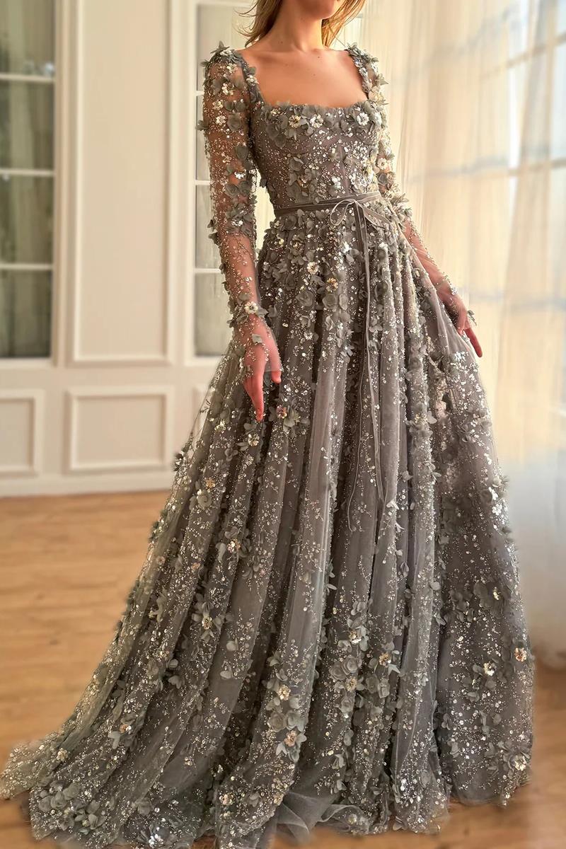 A Line Prom Dress Square Neck 3D Flowers Beaded Formal Dress With Sleeves