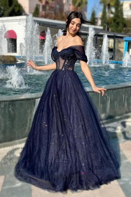 A Line Prom Dress Tulle Off The Shoulder Sleeveless Formal Dress With Appliques