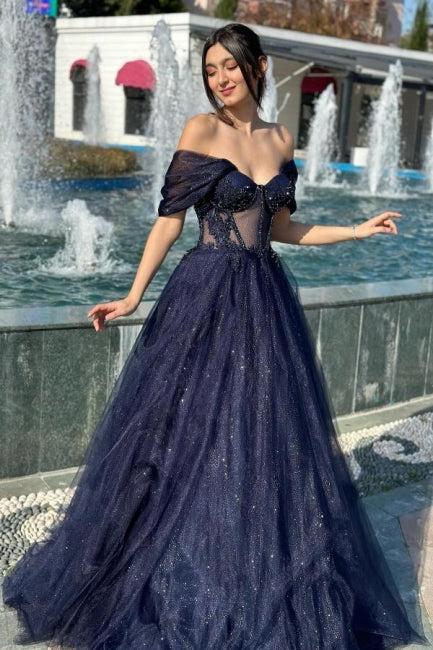 A Line Prom Dress Tulle Off The Shoulder Sleeveless Formal Dress With Appliques