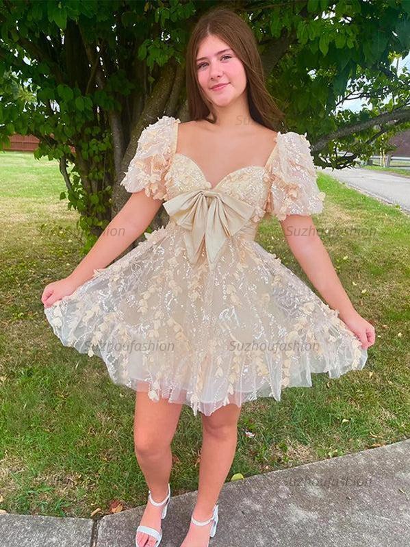 Suzhoufashion A-Line Puff Sleeves Short Tulle Homecoming Dress With Bowknot