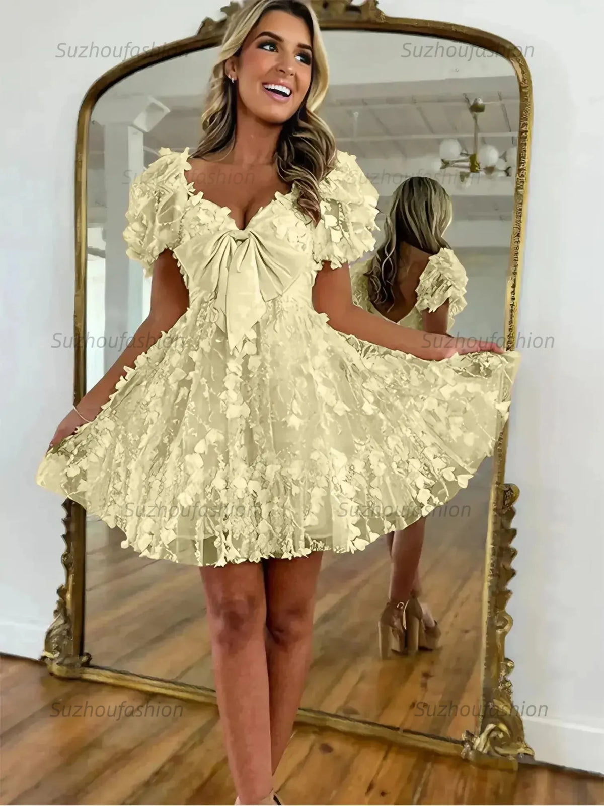 Suzhoufashion A-Line Puff Sleeves Short Tulle Homecoming Dress With Bowknot