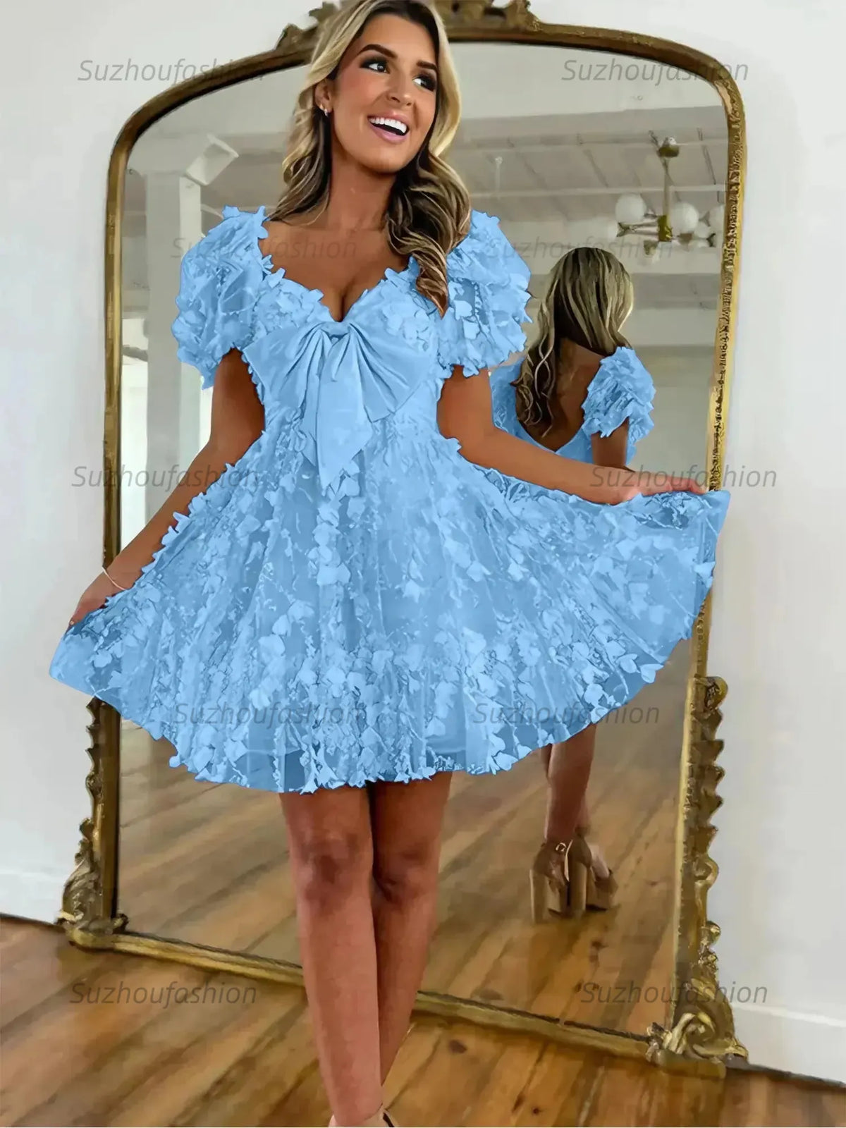 Suzhoufashion A-Line Puff Sleeves Short Tulle Homecoming Dress With Bowknot