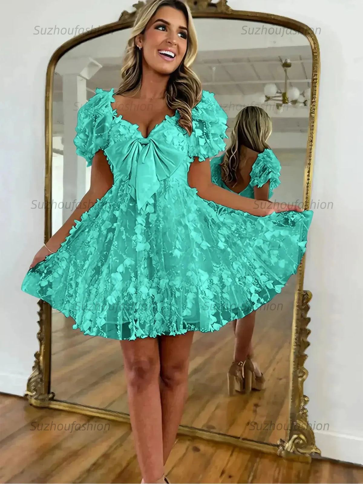 Suzhoufashion A-Line Puff Sleeves Short Tulle Homecoming Dress With Bowknot