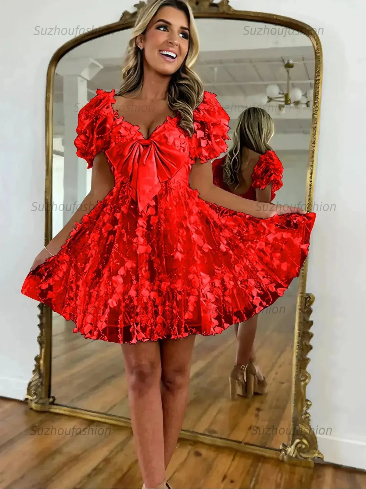 Suzhoufashion A-Line Puff Sleeves Short Tulle Homecoming Dress With Bowknot