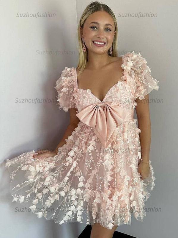 Suzhoufashion A-Line Puff Sleeves Short Tulle Homecoming Dress With Bowknot