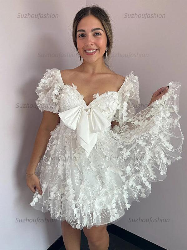 Suzhoufashion A-Line Puff Sleeves Short Tulle Homecoming Dress With Bowknot