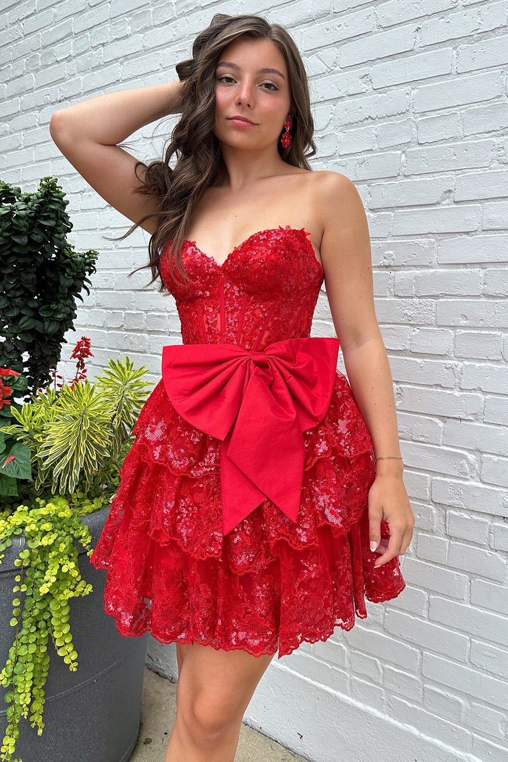 A Line Red Homecoming Dresses Strapless Corset Short Cocktail Dresses with Bow