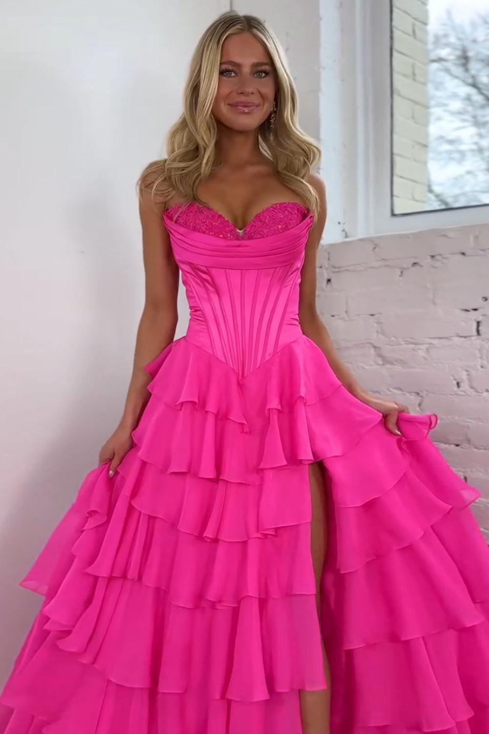 A Line Red Prom Dress Sweetheart Ruffled Long Formal Dress With Slit
