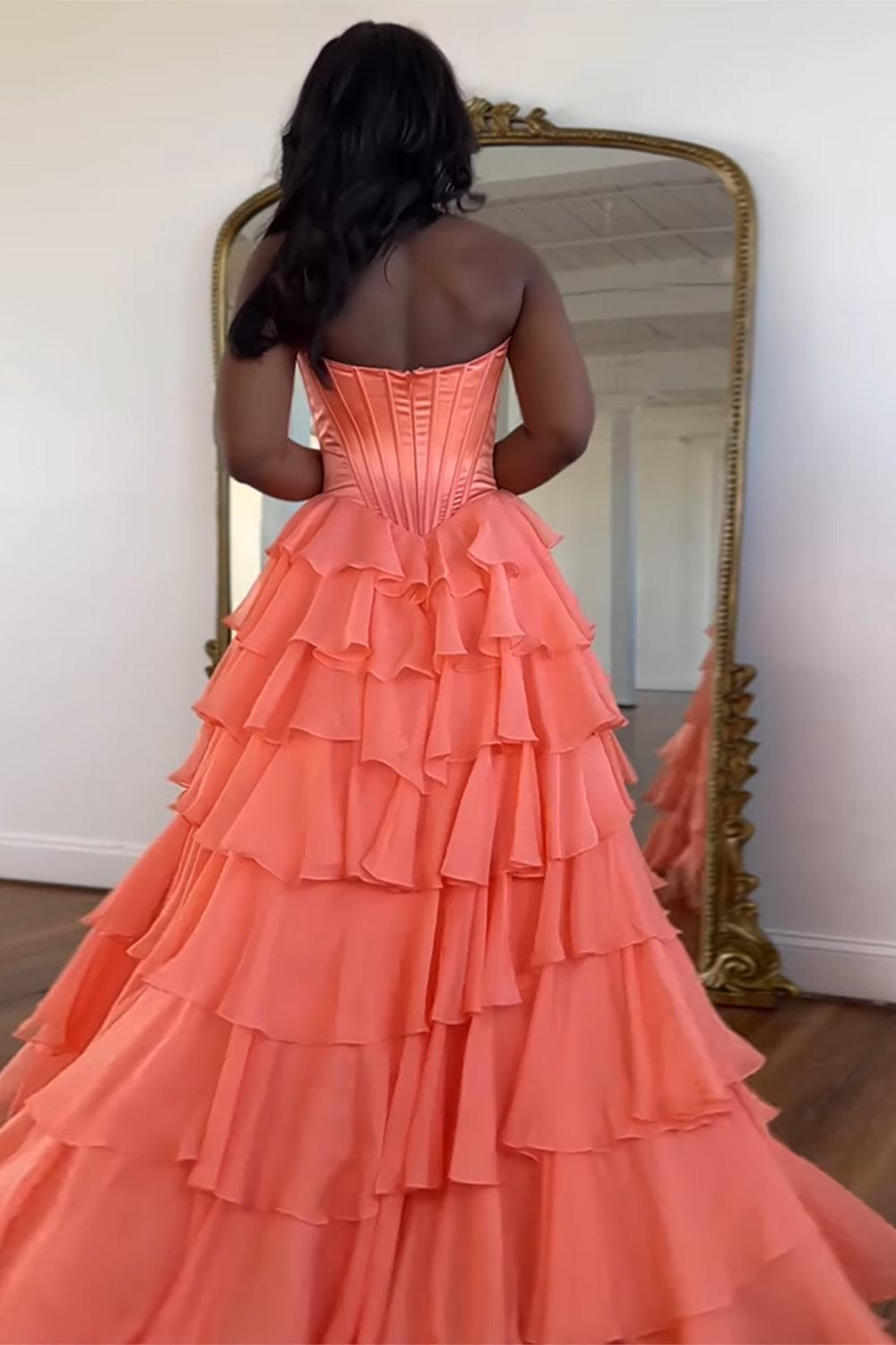 A Line Red Prom Dress Sweetheart Ruffled Long Formal Dress With Slit
