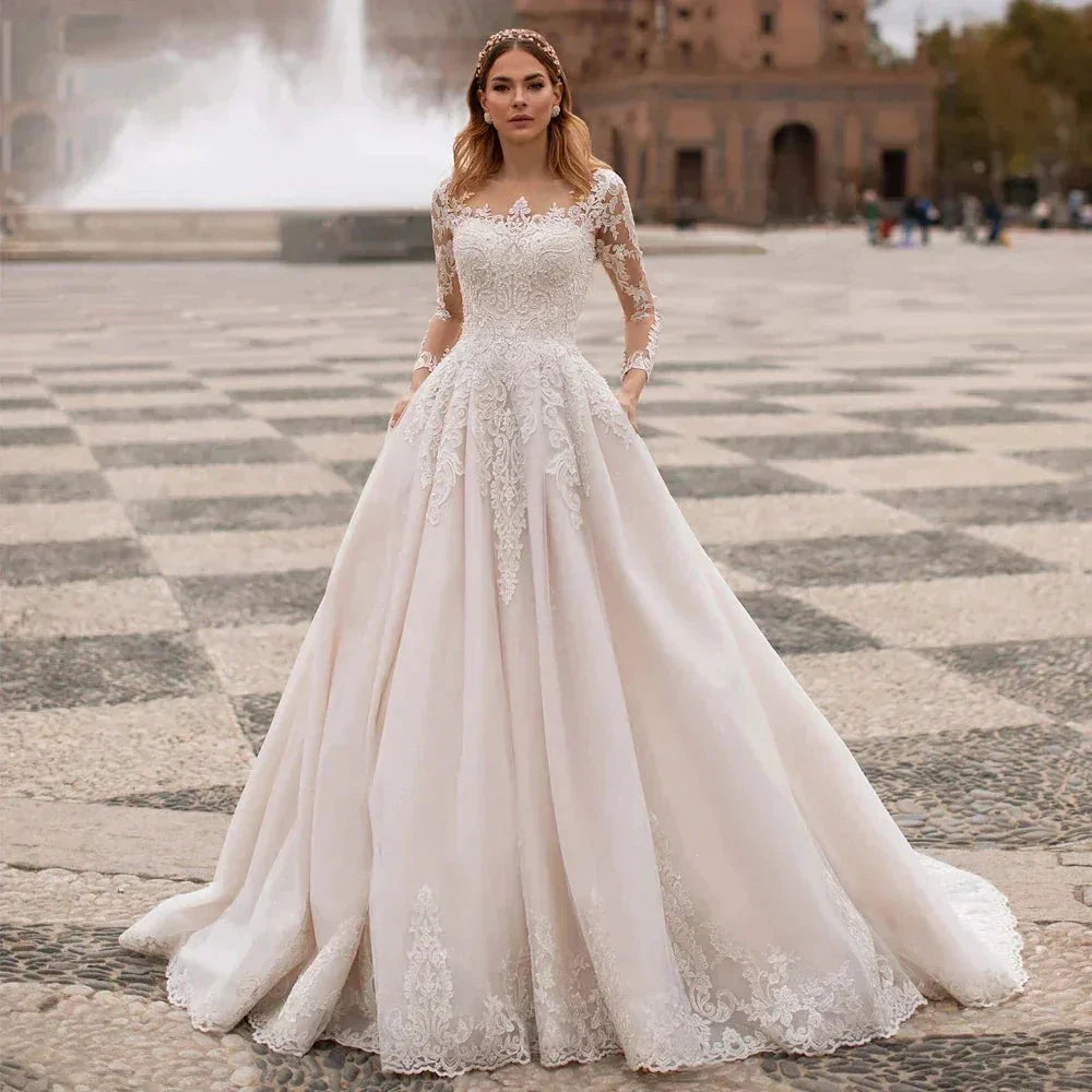 A-Line Round Neck Wedding Dress Crystal Beads Elegant Ladies Bohemian Lace Applique Long Sleeve Bride Bridal Gowns Seaside Party by payinti