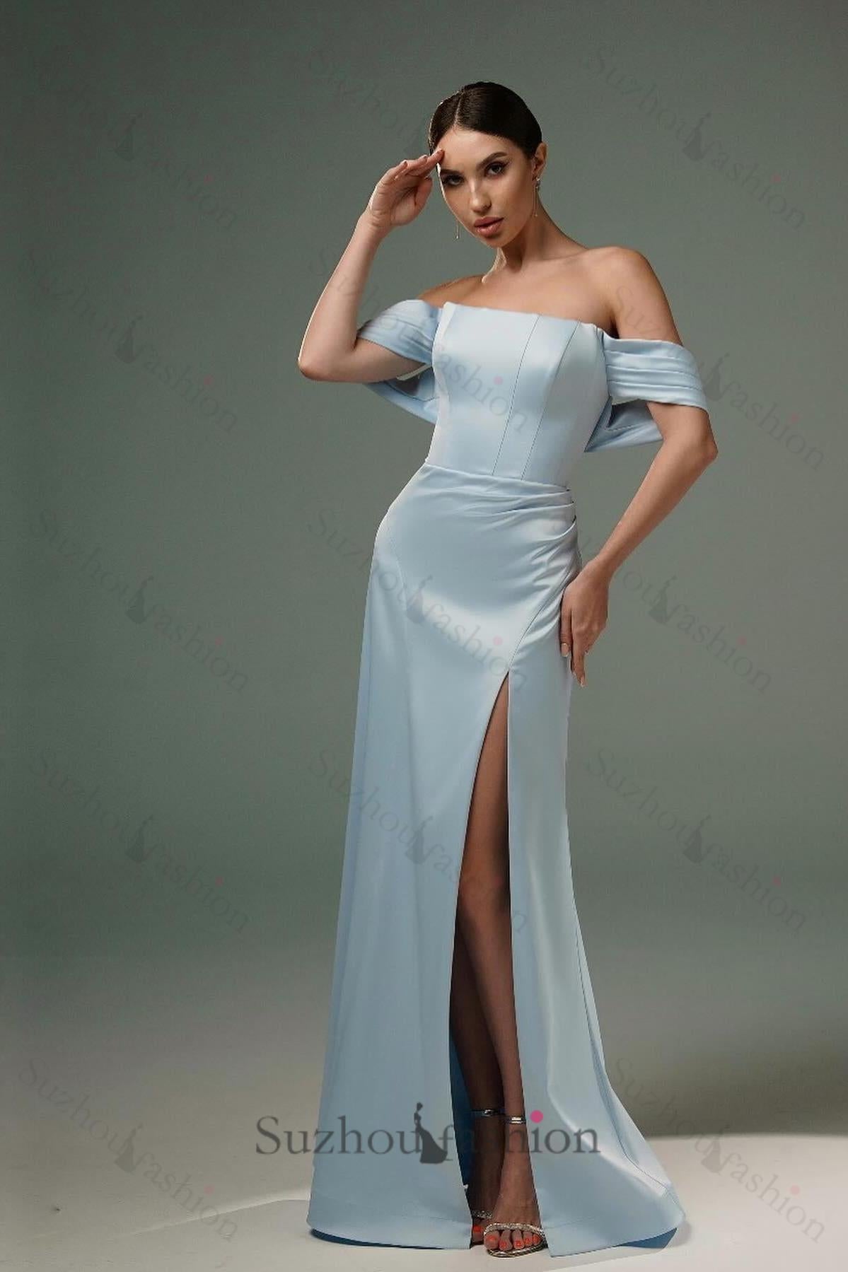 A Line Satin Off The Shoulder Sleeveless Formal Dress With Slit
