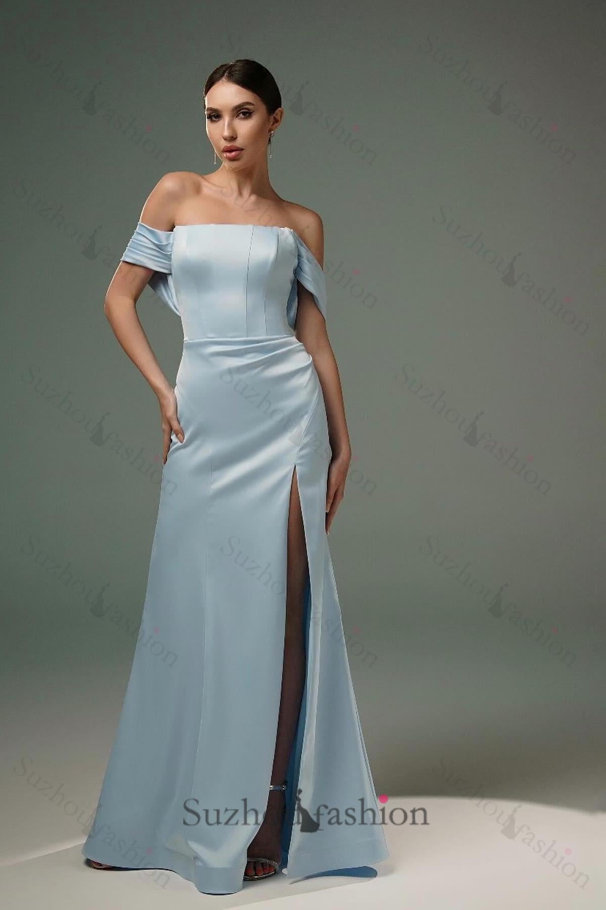 A Line Satin Off The Shoulder Sleeveless Formal Dress With Slit