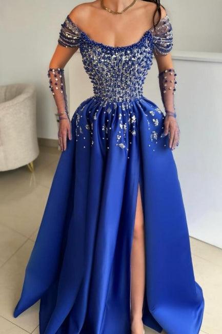 A Line Satin Prom Dress Scoop Sleeveless Formal Dress With Slit