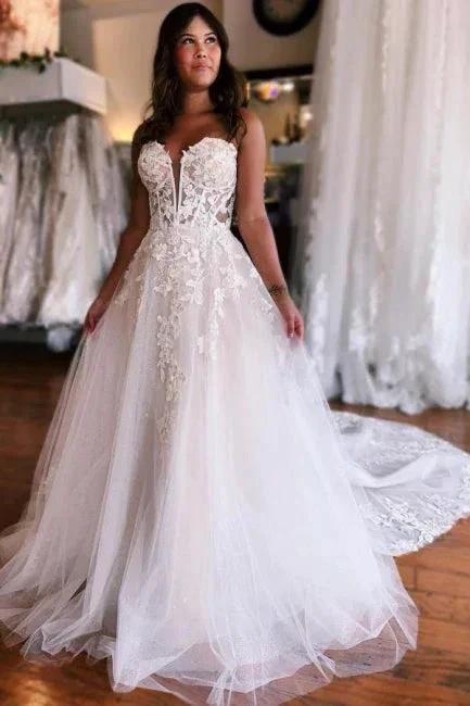 A-Line Sleeveless Floor-Length Tulle Sweetheart Wedding Dresses with Appliques (ZD15754) - VelvetHem