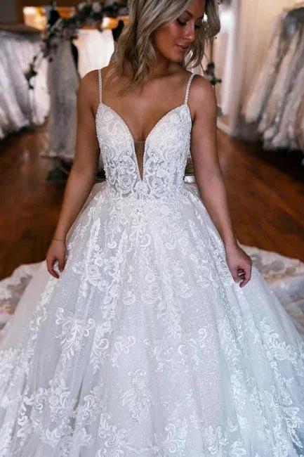 A-Line Spaghetti Straps Floor-Length Sweetheart Appliques Wedding Dresses with Lace (ZD15744)