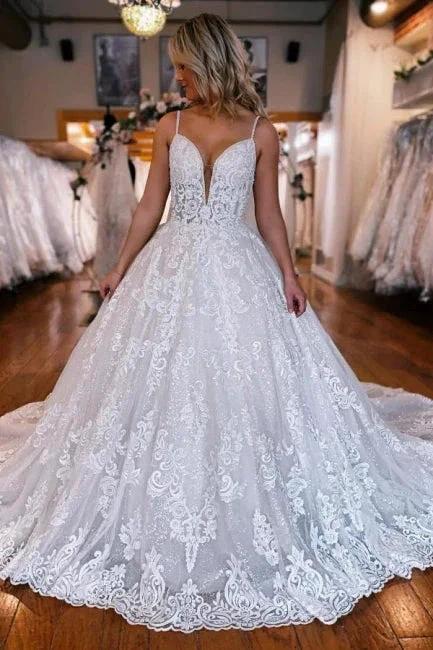 A-Line Spaghetti Straps Floor-Length Sweetheart Appliques Wedding Dresses with Lace (ZD15744) - VelvetHem