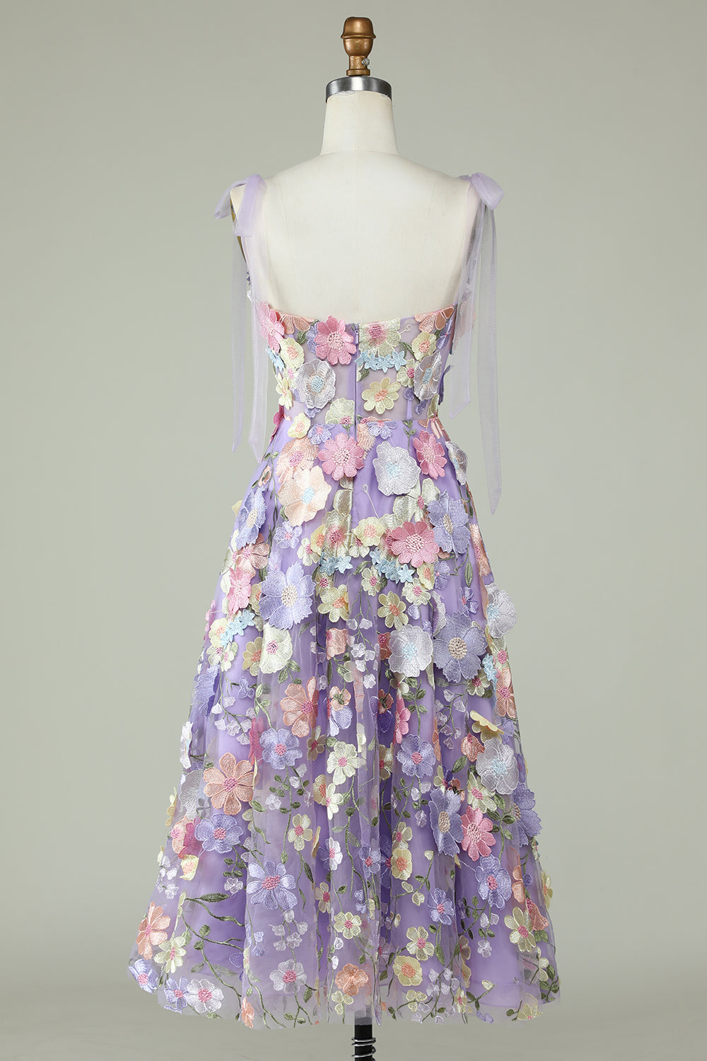 A Line Spaghetti Straps Purple Homecoming Dresses Tea Length Prom Dress with 3D Flowers