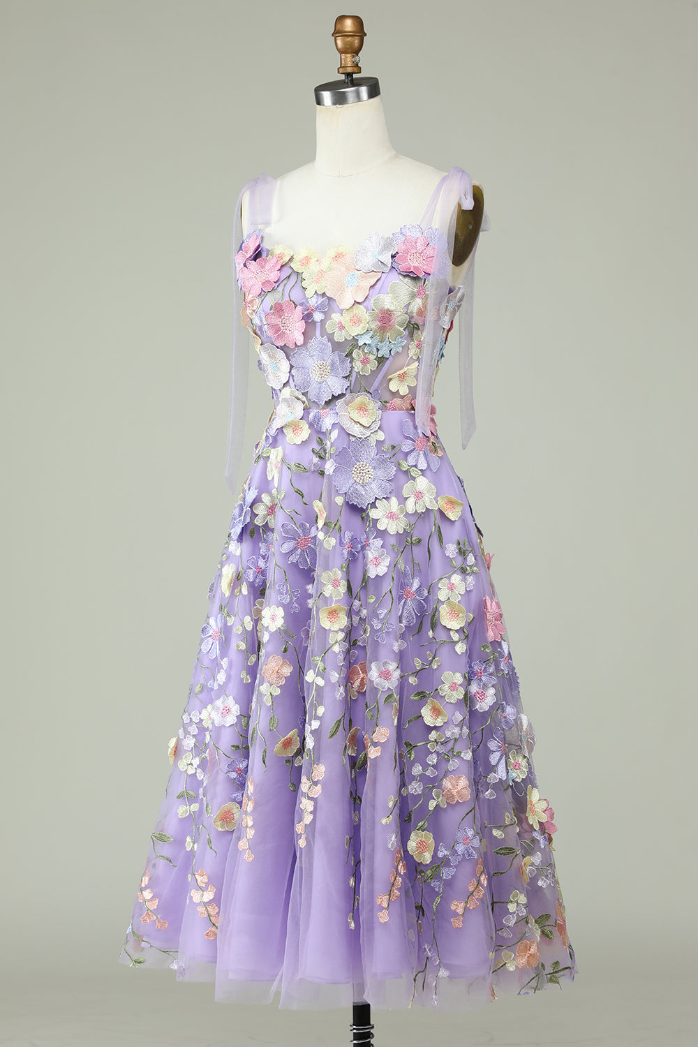 A Line Spaghetti Straps Purple Homecoming Dresses Tea Length Prom Dress with 3D Flowers
