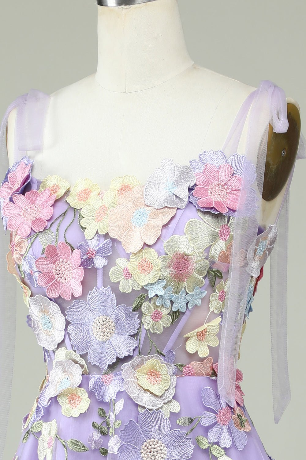 A Line Spaghetti Straps Purple Homecoming Dresses Tea Length Prom Dress with 3D Flowers