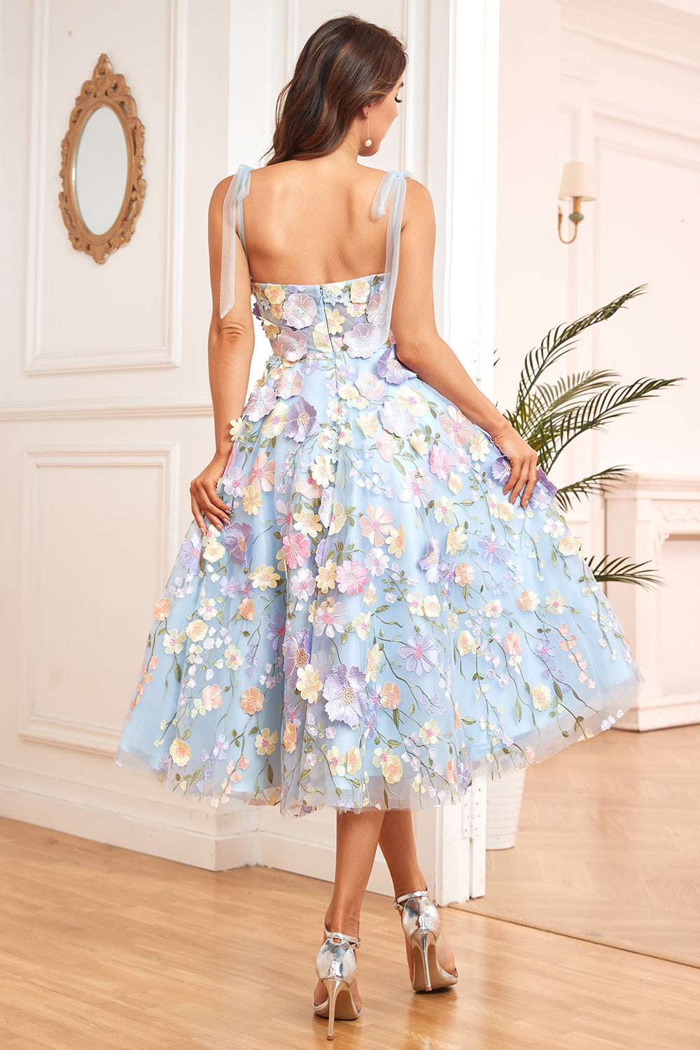 A Line Spaghetti Straps Purple Homecoming Dresses Tea Length Prom Dress with 3D Flowers