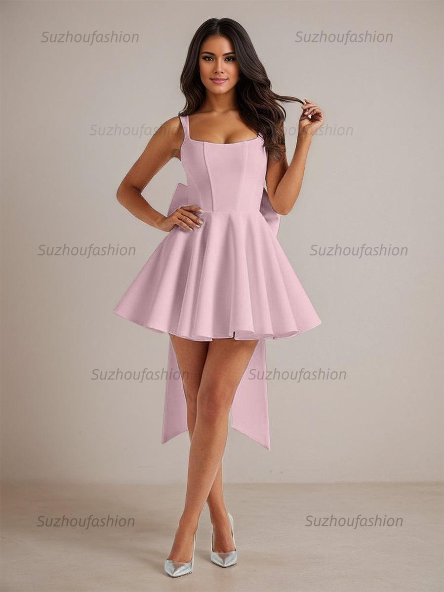 Suzhoufashion A-Line Square Neck Pleated Homecoming Dresses Mini Cocktail Dress with Bow