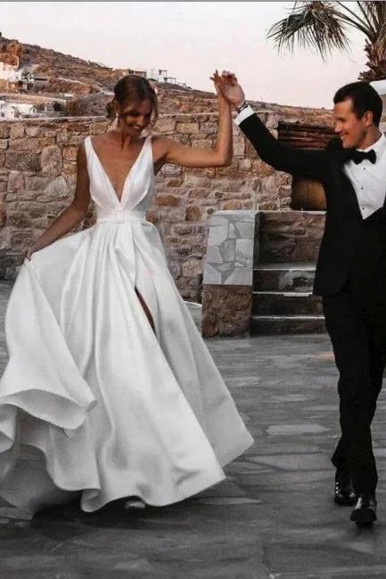 A-Line Stain V-Neck Split Front Sleeveless Wedding Dresses with Ruffles (ZD15730) - VelvetHem