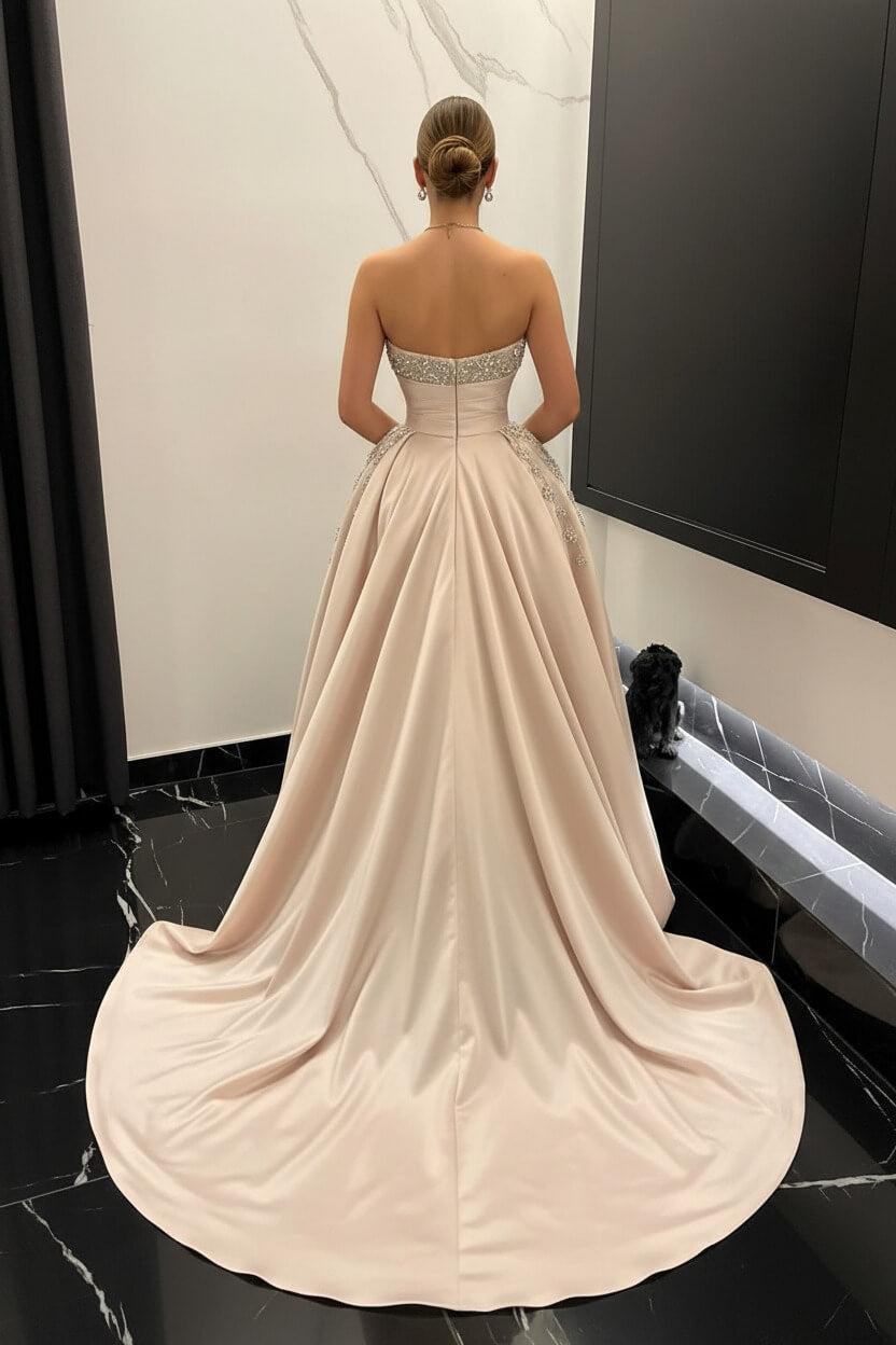 A Line Strapless Beading Sleeveless Slit Satin Formal Dress With Rhinestones