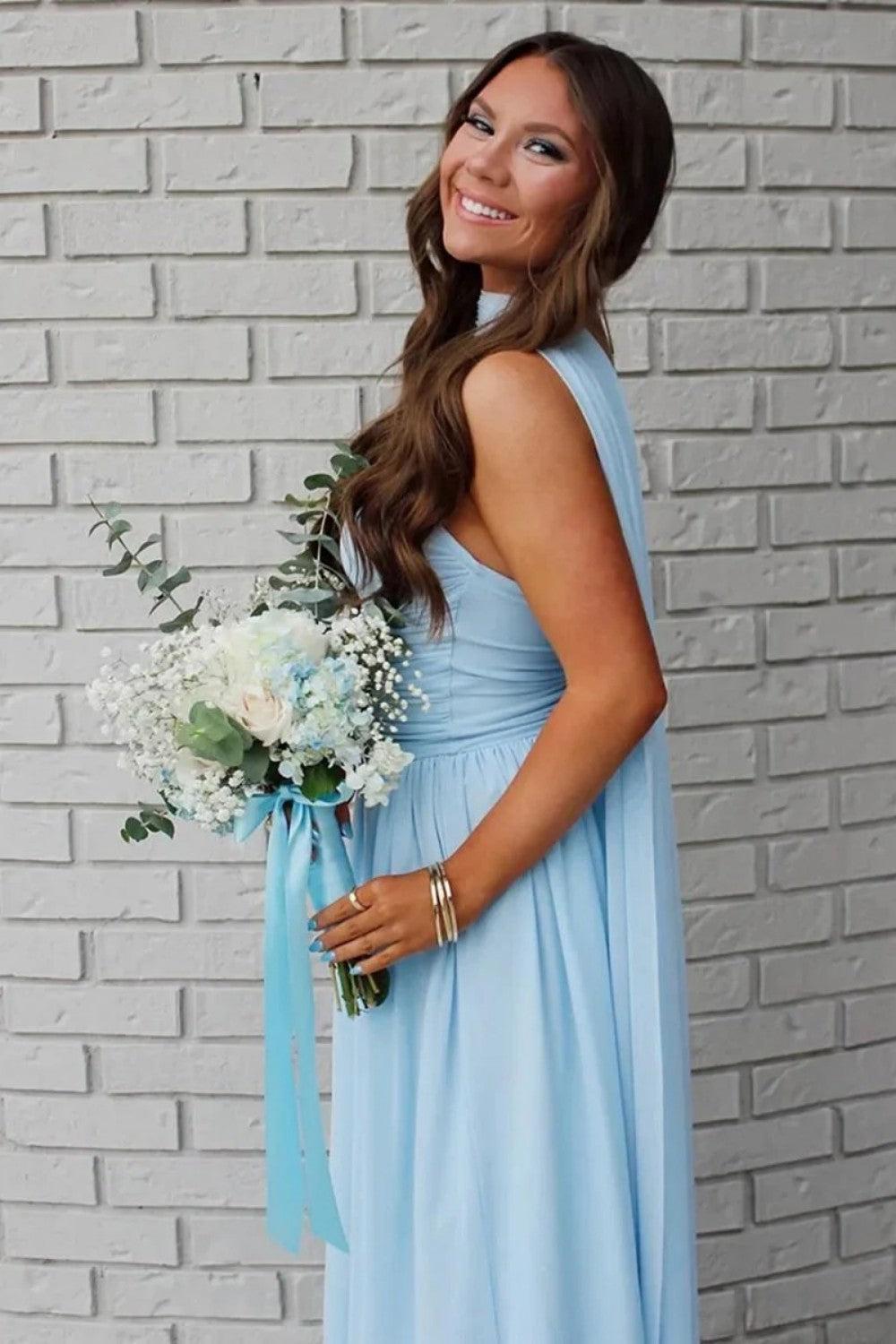 A Line Strapless Blue Long Prom Dress With Scarf Formal Evening Gown