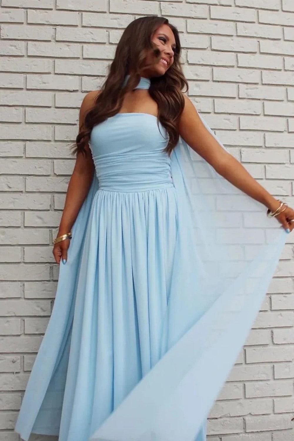 A Line Strapless Blue Long Prom Dress With Scarf Formal Evening Gown
