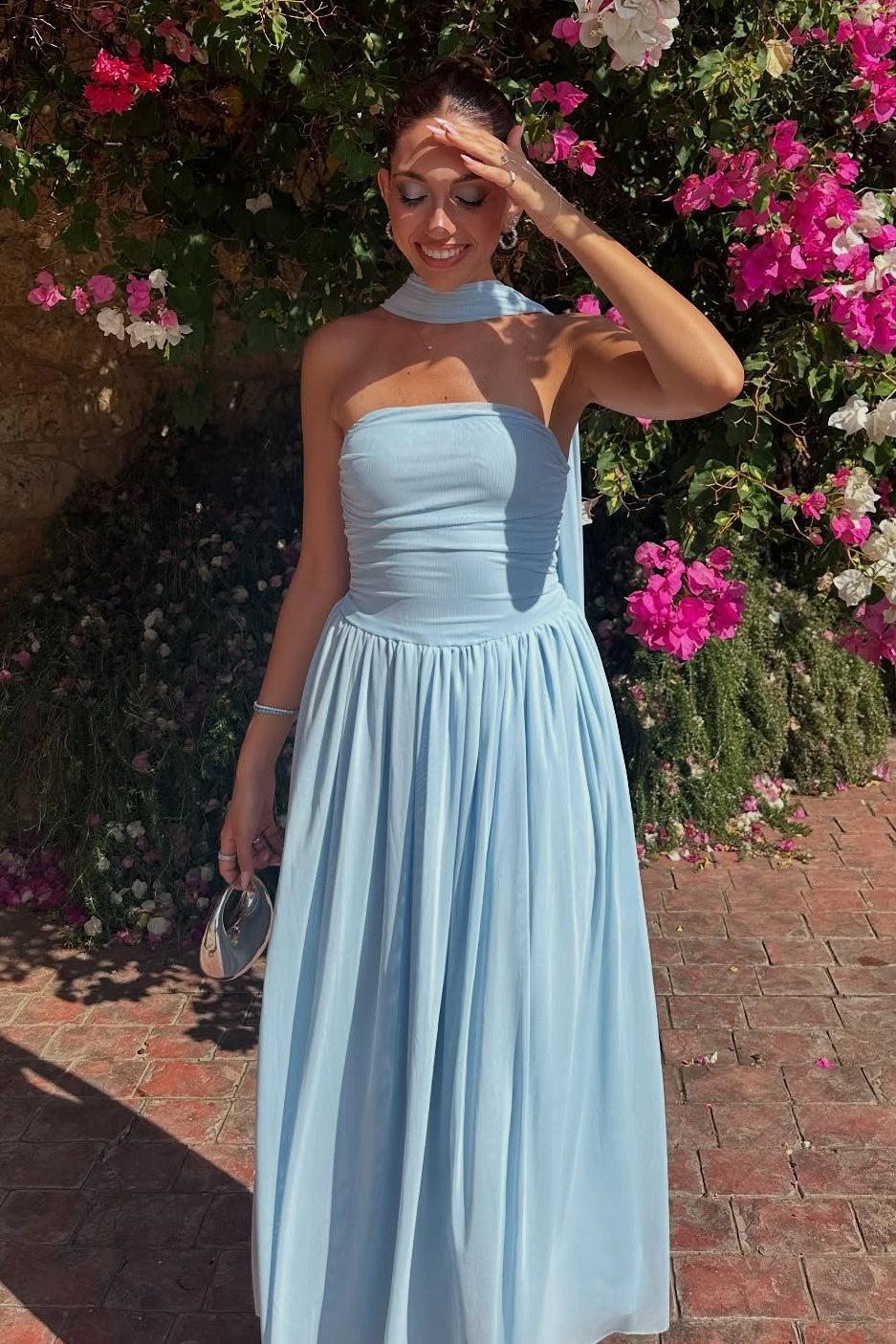 A Line Strapless Blue Long Prom Dress With Scarf Formal Evening Gown